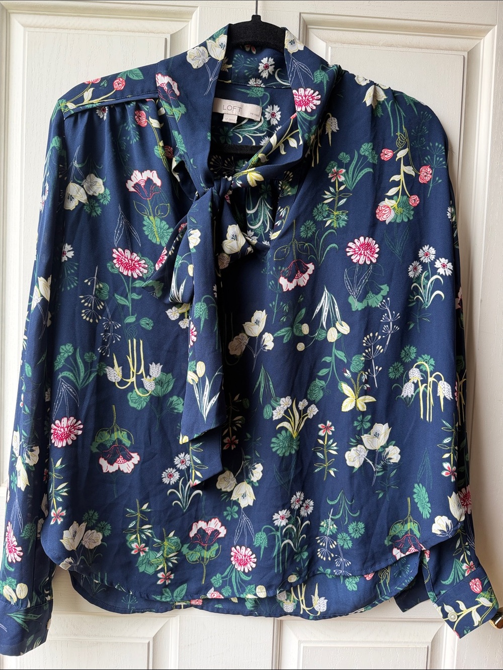 LOFT Navy Floral Bow-Tie Blouse